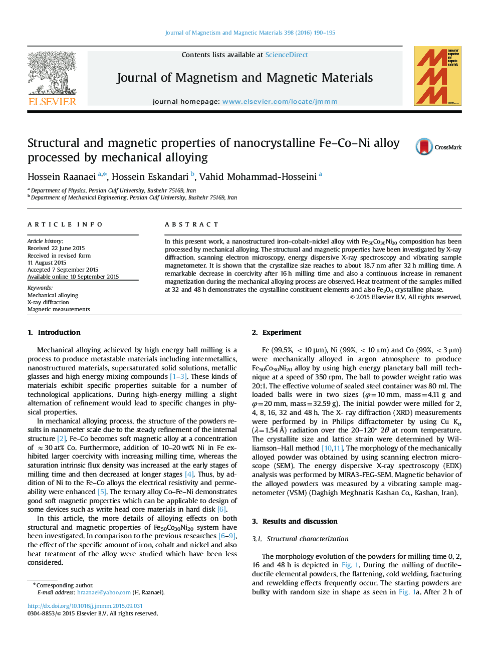 Structural and magnetic properties of nanocrystalline Fe–Co–Ni alloy processed by mechanical alloying