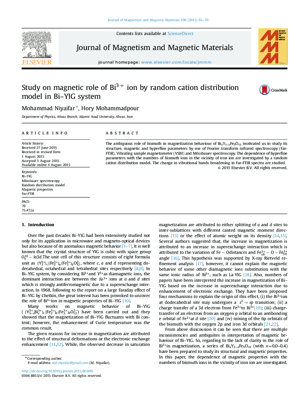 Study on magnetic role of Bi3+ ion by random cation distribution model in Bi–YIG system