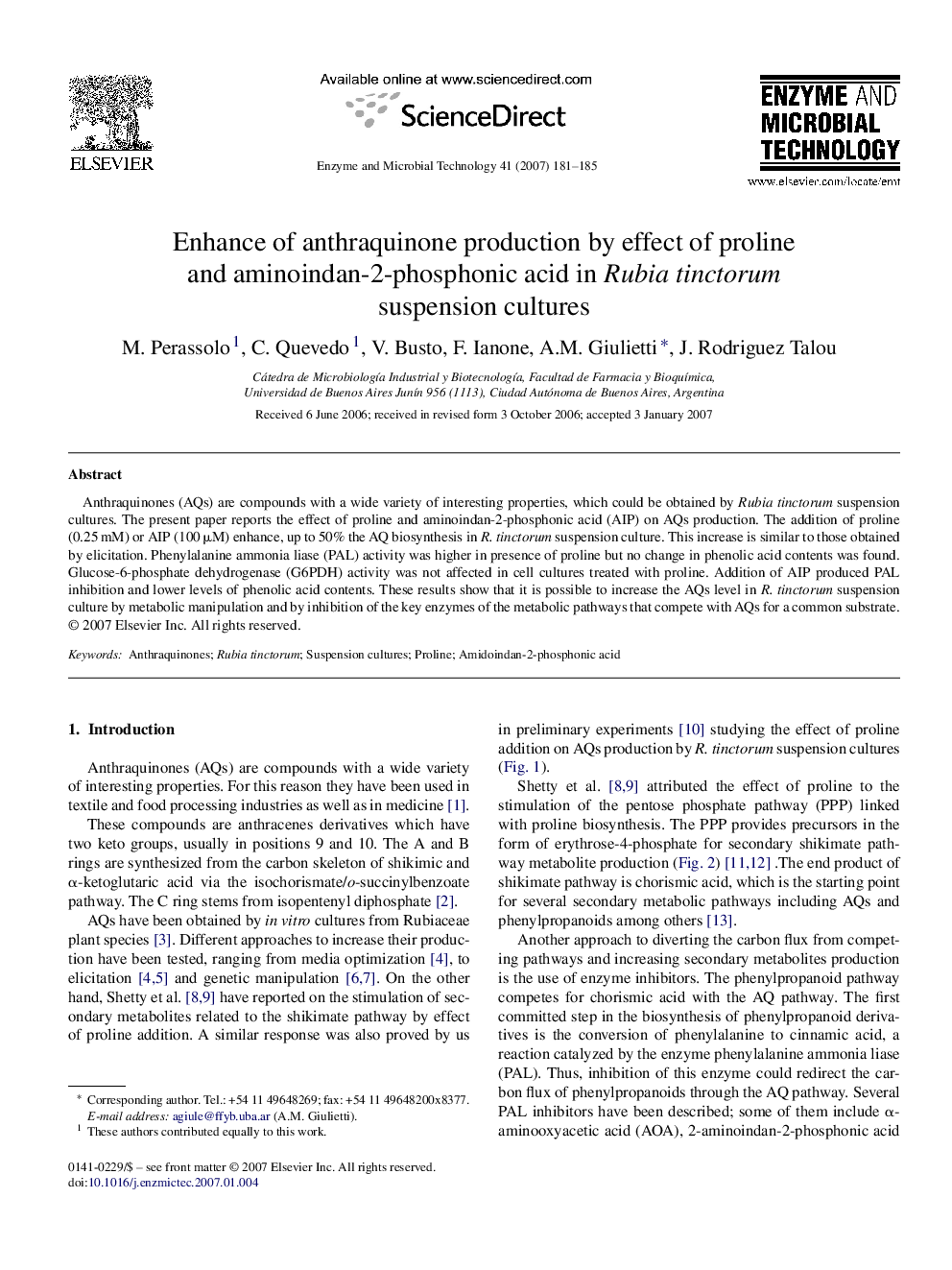 Enhance of anthraquinone production by effect of proline and aminoindan-2-phosphonic acid in Rubia tinctorum suspension cultures