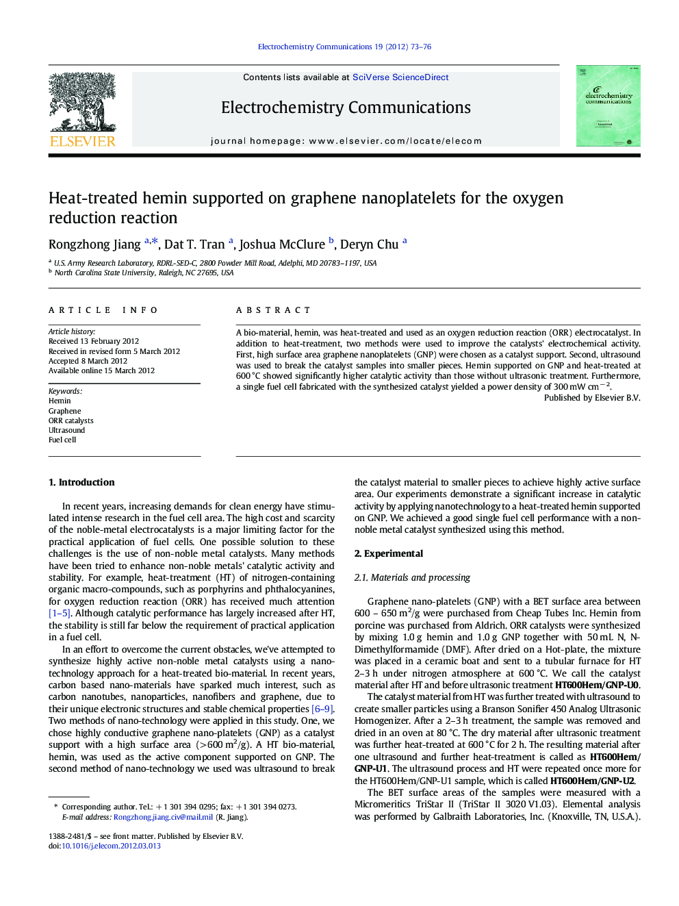 Heat-treated hemin supported on graphene nanoplatelets for the oxygen reduction reaction