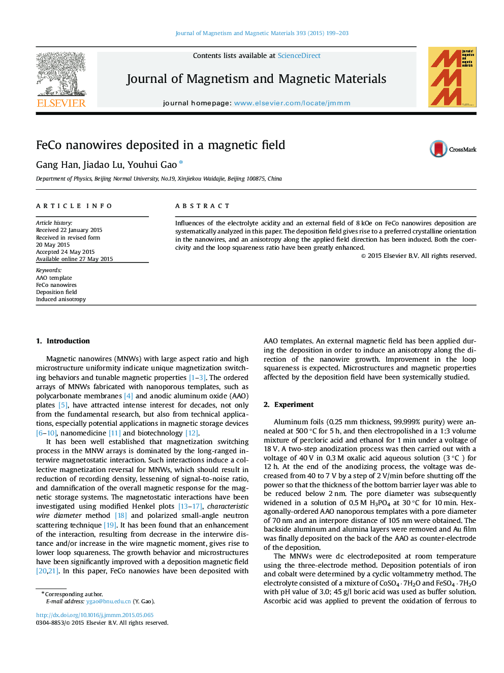 FeCo nanowires deposited in a magnetic field