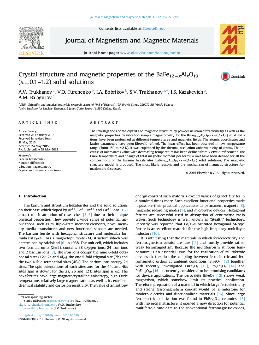 Crystal structure and magnetic properties of the BaFe12−xAlxO19 (x=0.1–1.2) solid solutions