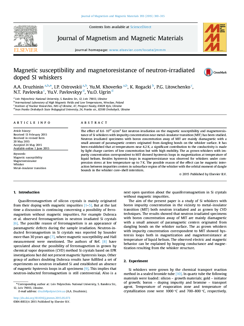 Magnetic susceptibility and magnetoresistance of neutron-irradiated doped SI whiskers