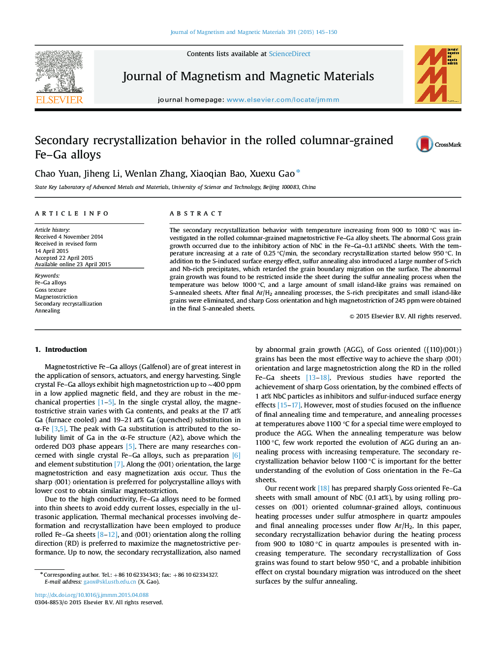 Secondary recrystallization behavior in the rolled columnar-grained Fe-Ga alloys