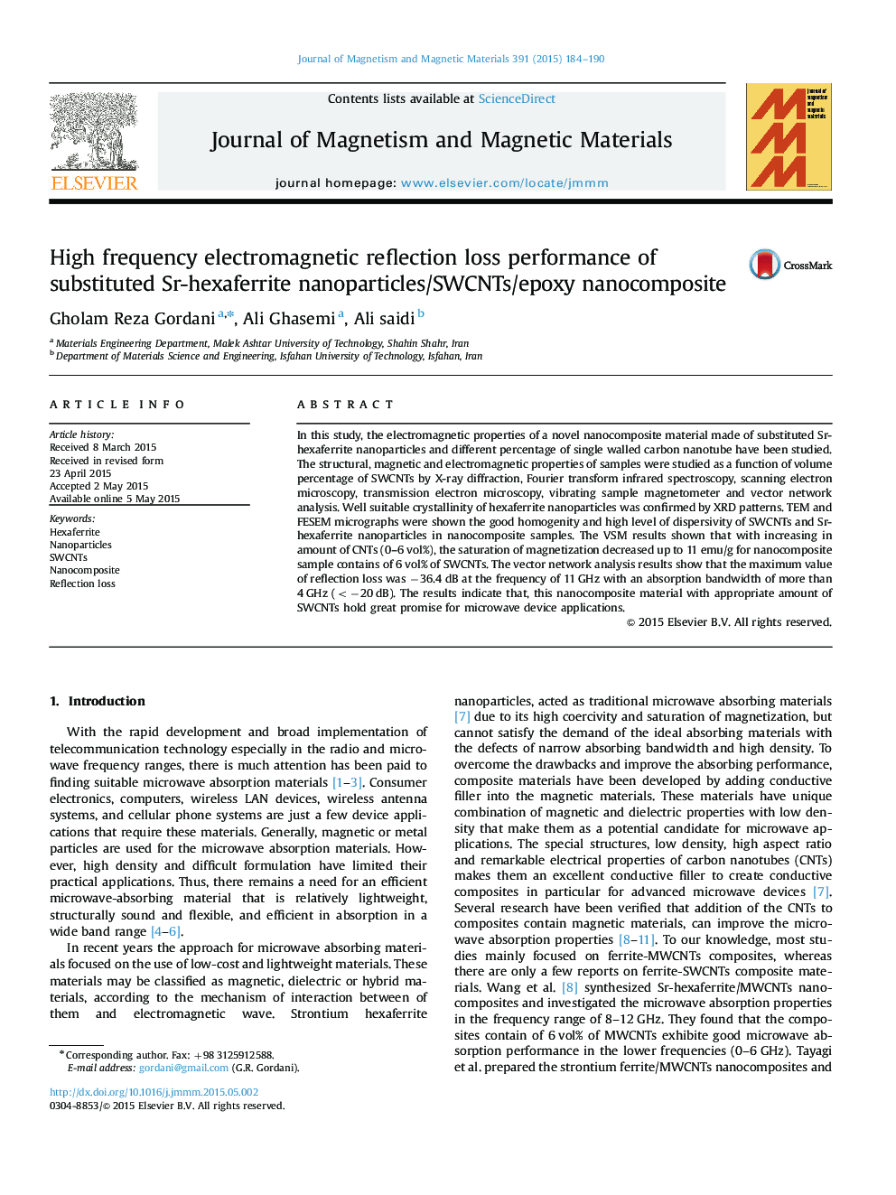 High frequency electromagnetic reflection loss performance of substituted Sr-hexaferrite nanoparticles/SWCNTs/epoxy nanocomposite