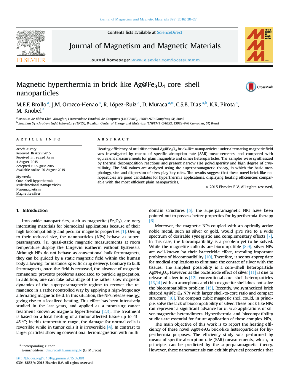 Magnetic hyperthermia in brick-like Ag@Fe3O4 core–shell nanoparticles