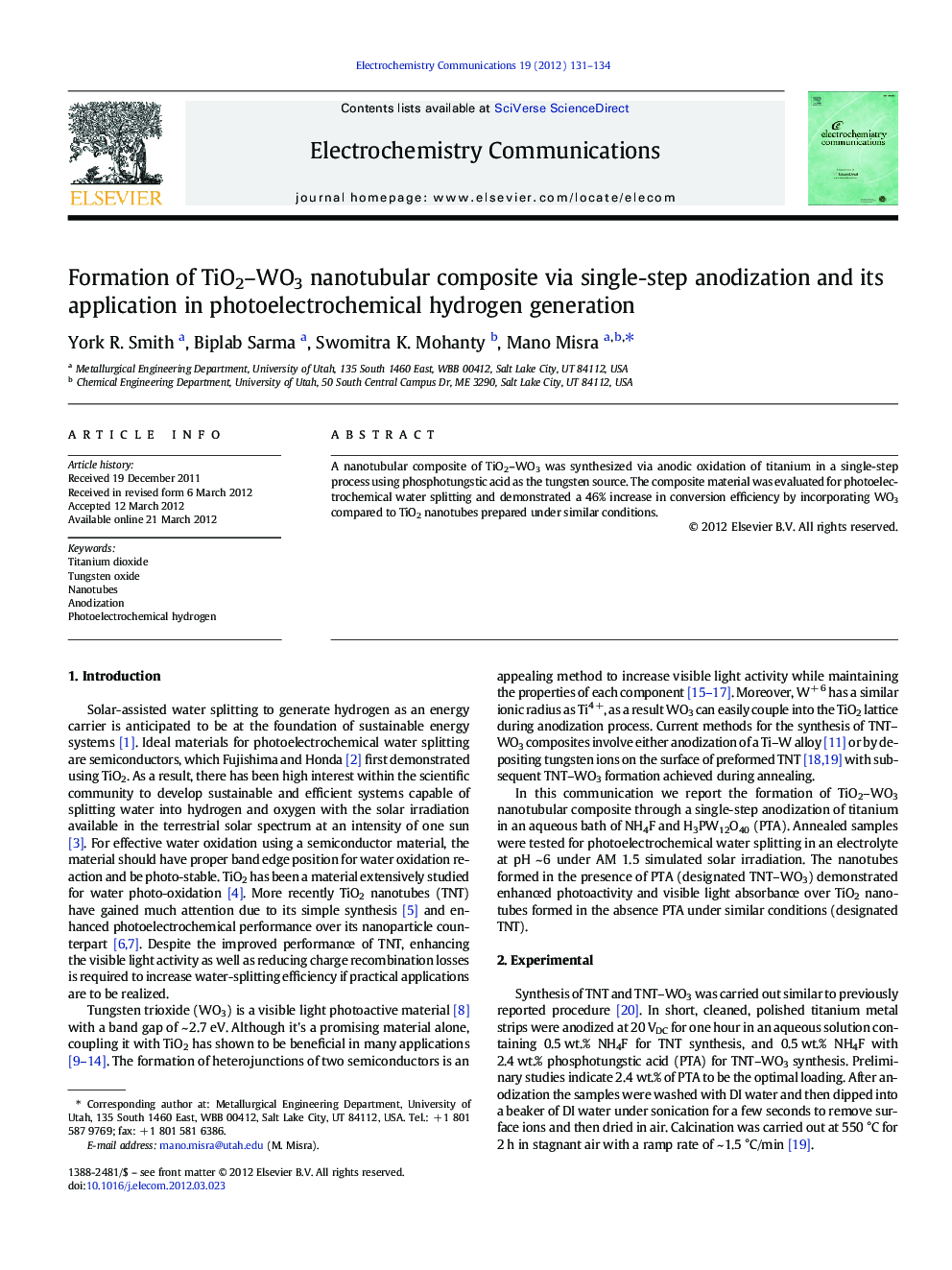 Formation of TiO2–WO3 nanotubular composite via single-step anodization and its application in photoelectrochemical hydrogen generation