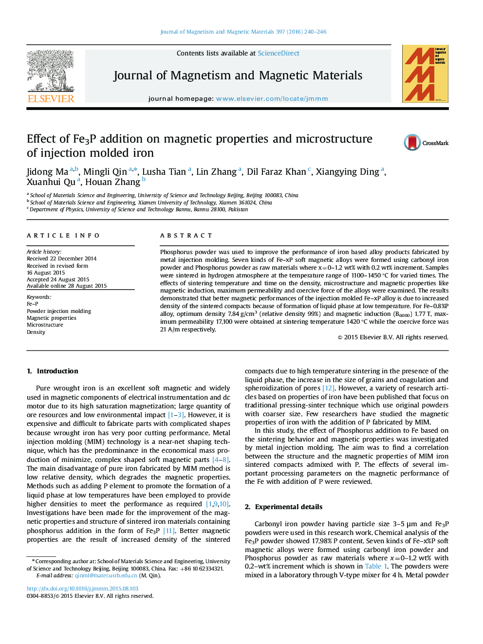 Effect of Fe3P addition on magnetic properties and microstructure of injection molded iron