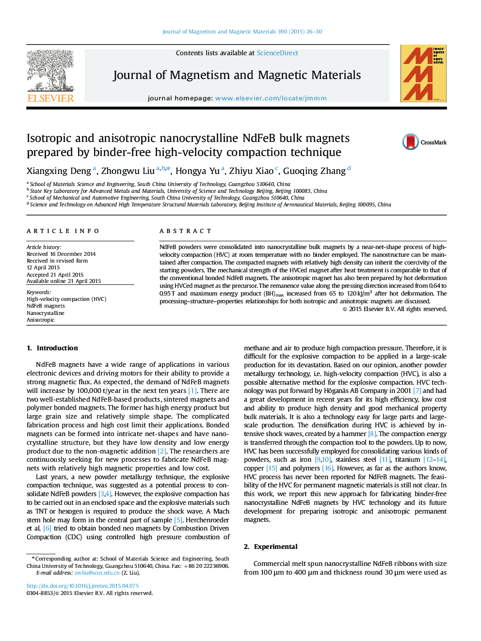 Isotropic and anisotropic nanocrystalline NdFeB bulk magnets prepared by binder-free high-velocity compaction technique