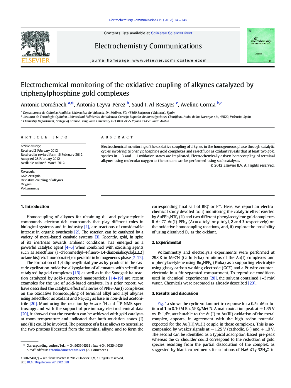 Electrochemical monitoring of the oxidative coupling of alkynes catalyzed by triphenylphosphine gold complexes