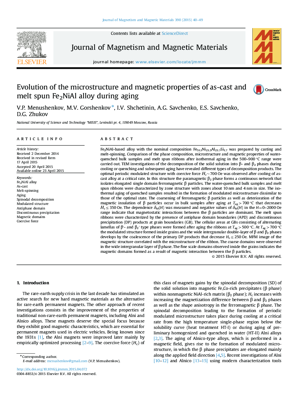 Evolution of the microstructure and magnetic properties of as-cast and melt spun Fe2NiAl alloy during aging