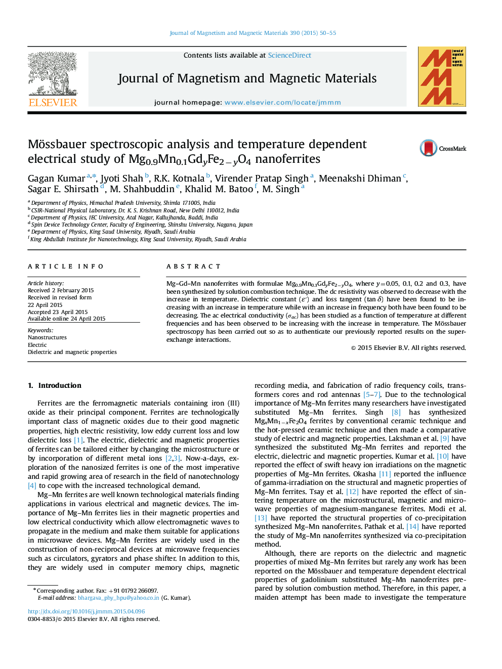 Mössbauer spectroscopic analysis and temperature dependent electrical study of Mg0.9Mn0.1GdyFe2−yO4 nanoferrites