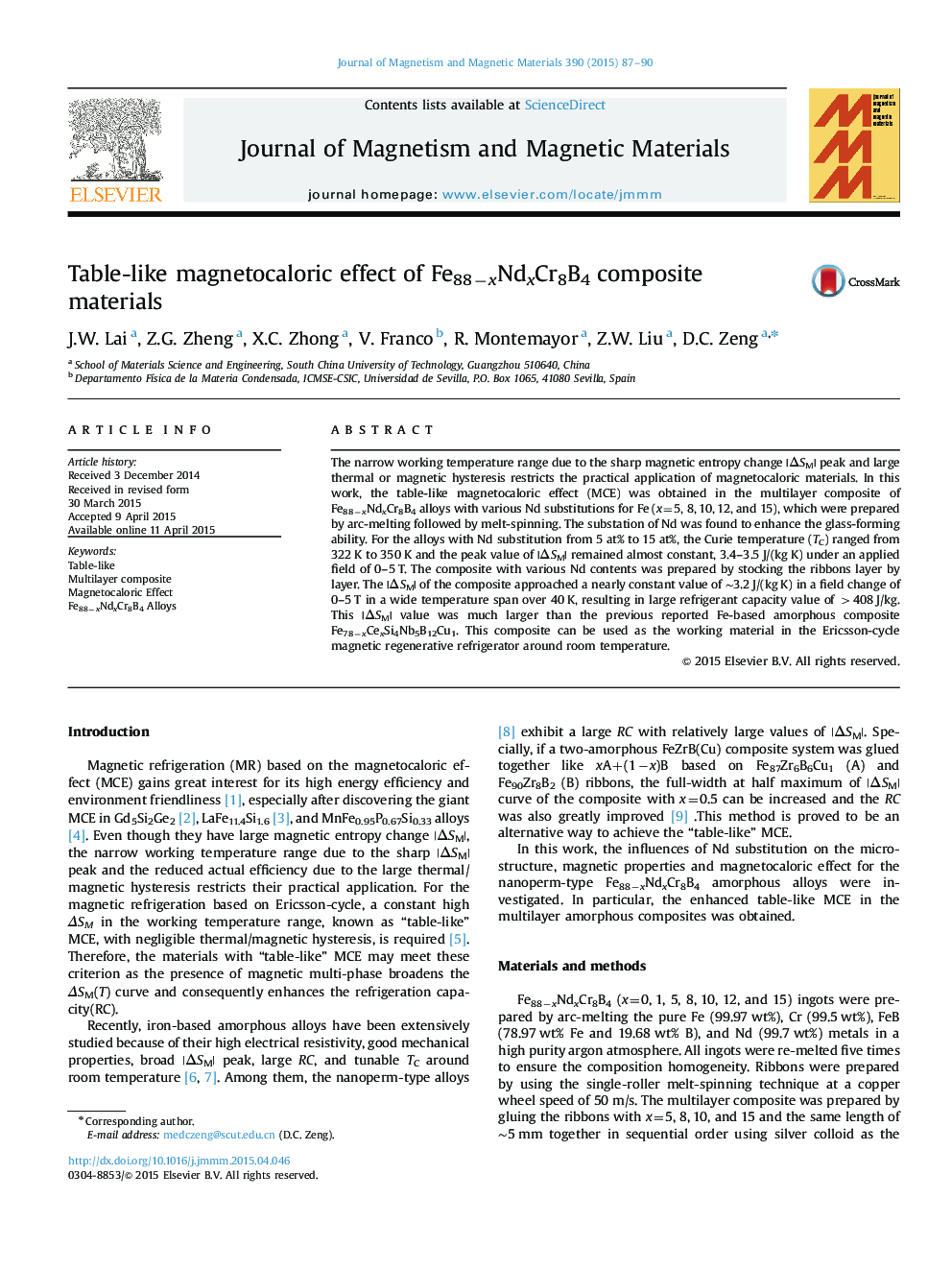 Table-like magnetocaloric effect of Fe88âxNdxCr8B4 composite materials