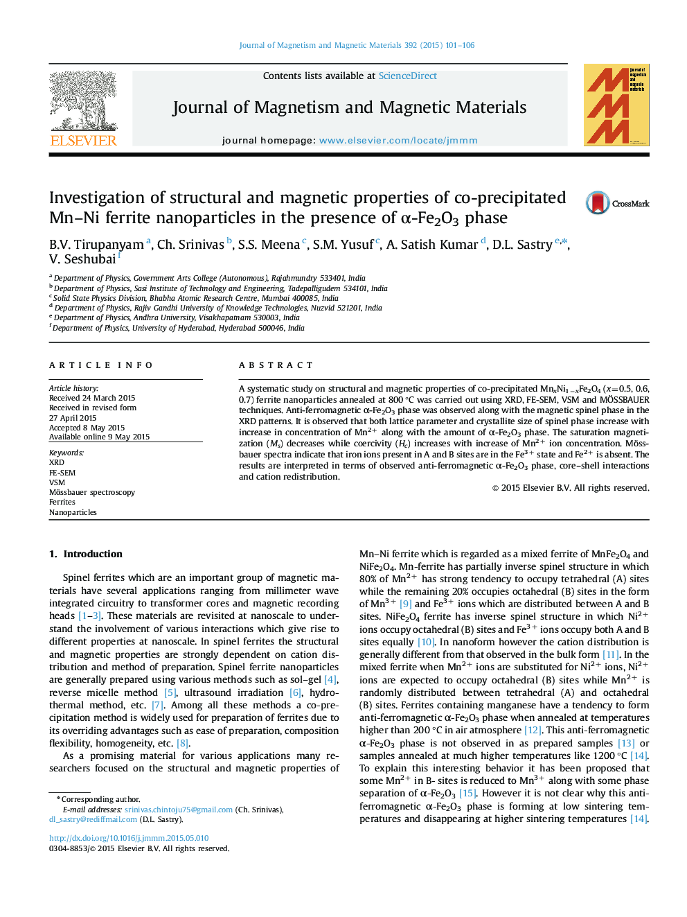 Investigation of structural and magnetic properties of co-precipitated Mn-Ni ferrite nanoparticles in the presence of Î±-Fe2O3 phase