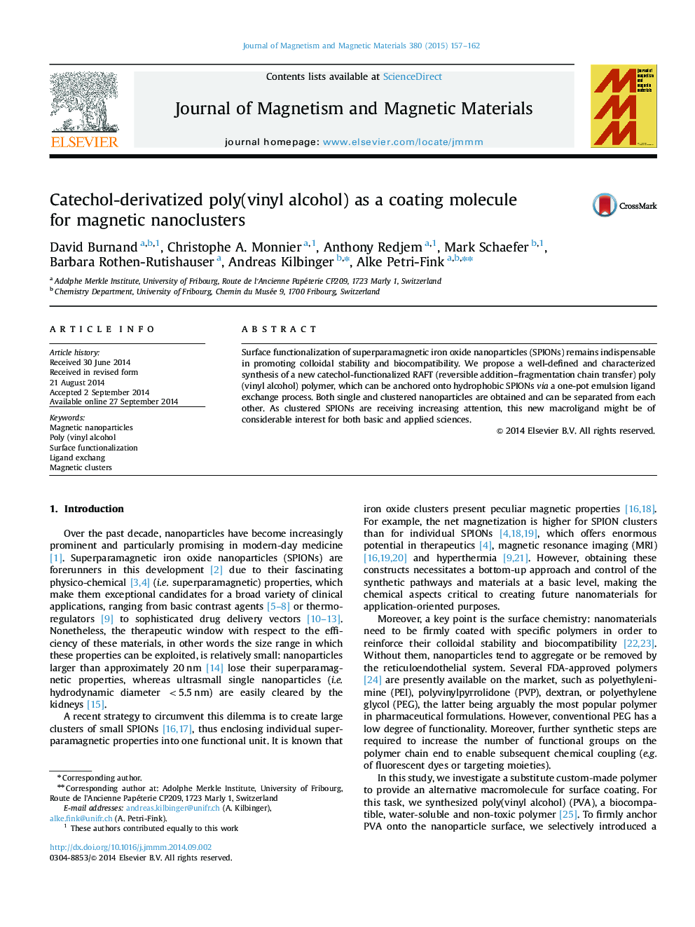 Catechol-derivatized poly(vinyl alcohol) as a coating molecule for magnetic nanoclusters