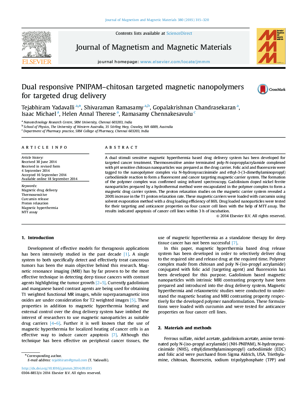 Dual responsive PNIPAM–chitosan targeted magnetic nanopolymers for targeted drug delivery