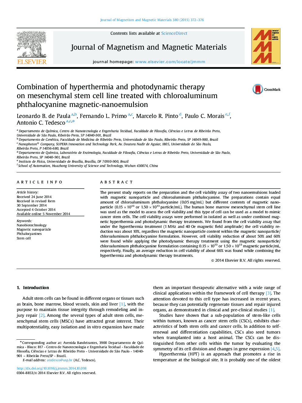 Combination of hyperthermia and photodynamic therapy on mesenchymal stem cell line treated with chloroaluminum phthalocyanine magnetic-nanoemulsion