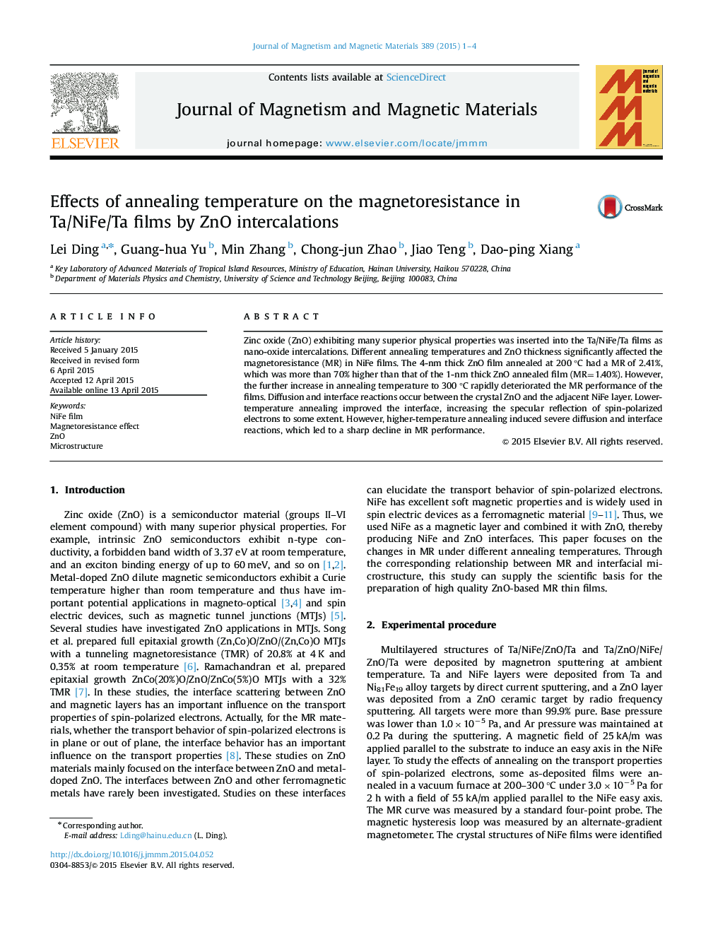 Effects of annealing temperature on the magnetoresistance in Ta/NiFe/Ta films by ZnO intercalations