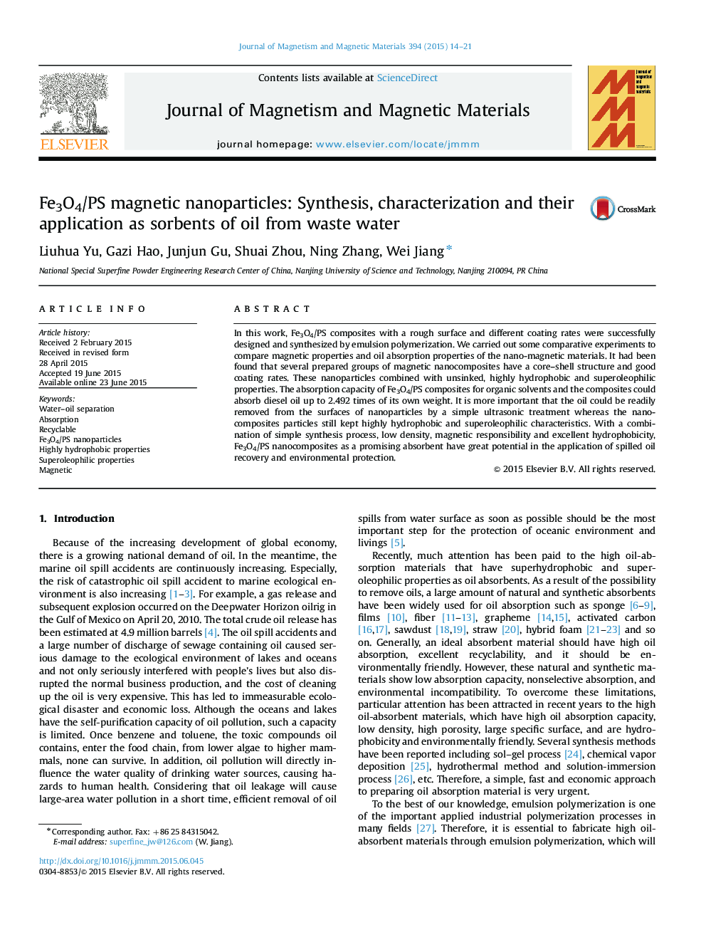 Fe3O4/PS magnetic nanoparticles: Synthesis, characterization and their application as sorbents of oil from waste water