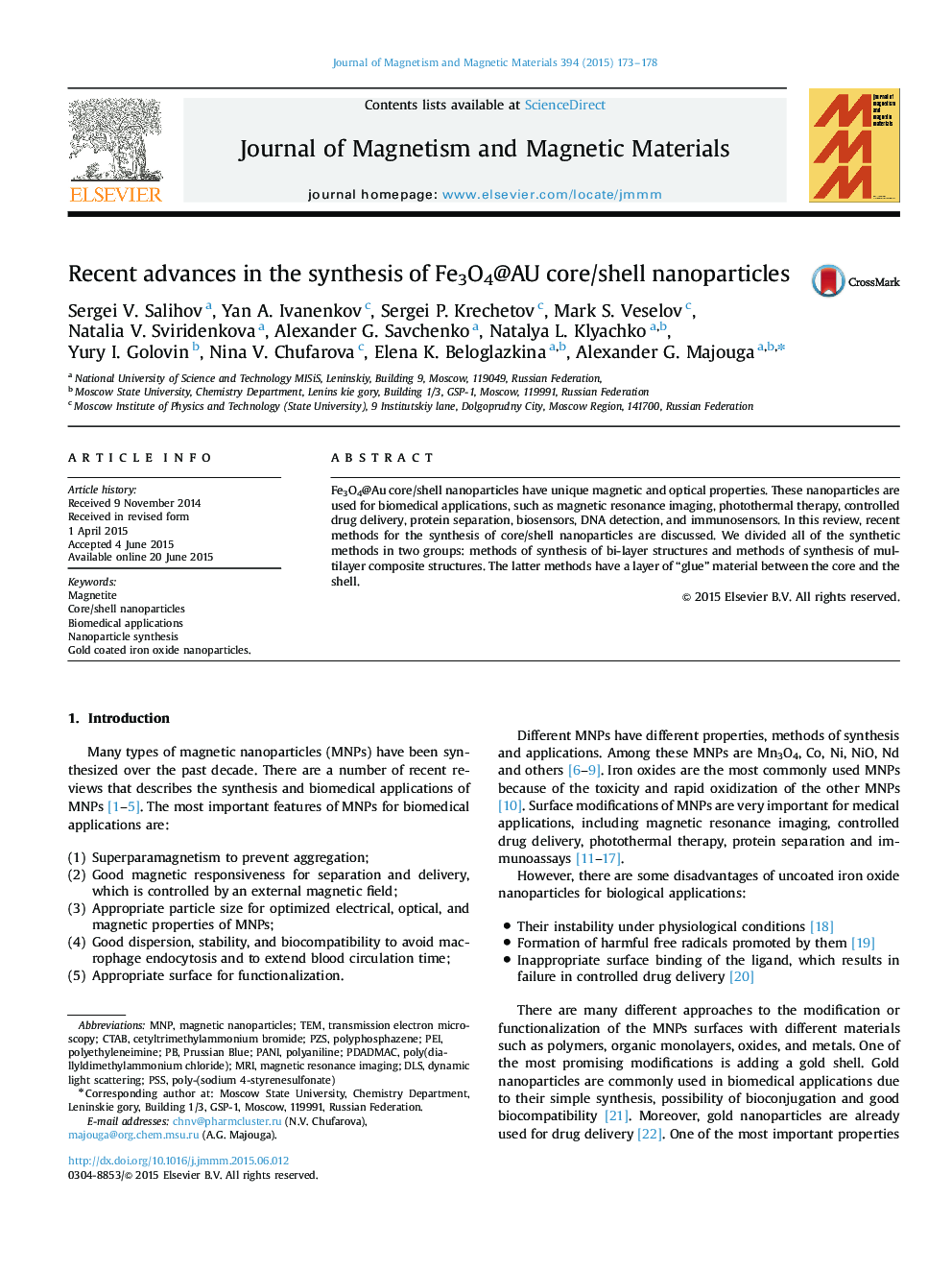 Recent advances in the synthesis of Fe3O4@AU core/shell nanoparticles