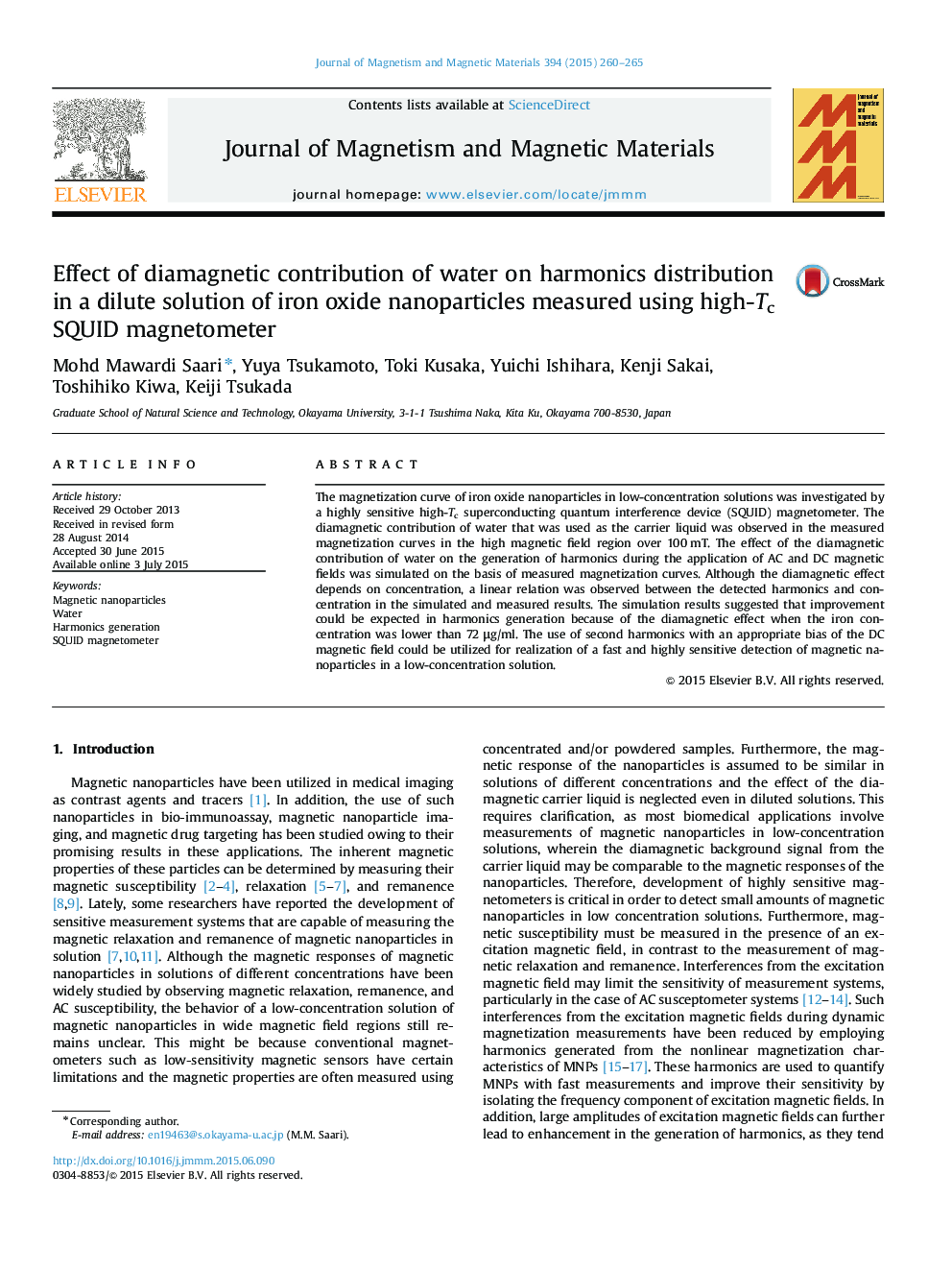 Effect of diamagnetic contribution of water on harmonics distribution in a dilute solution of iron oxide nanoparticles measured using high-Tc SQUID magnetometer