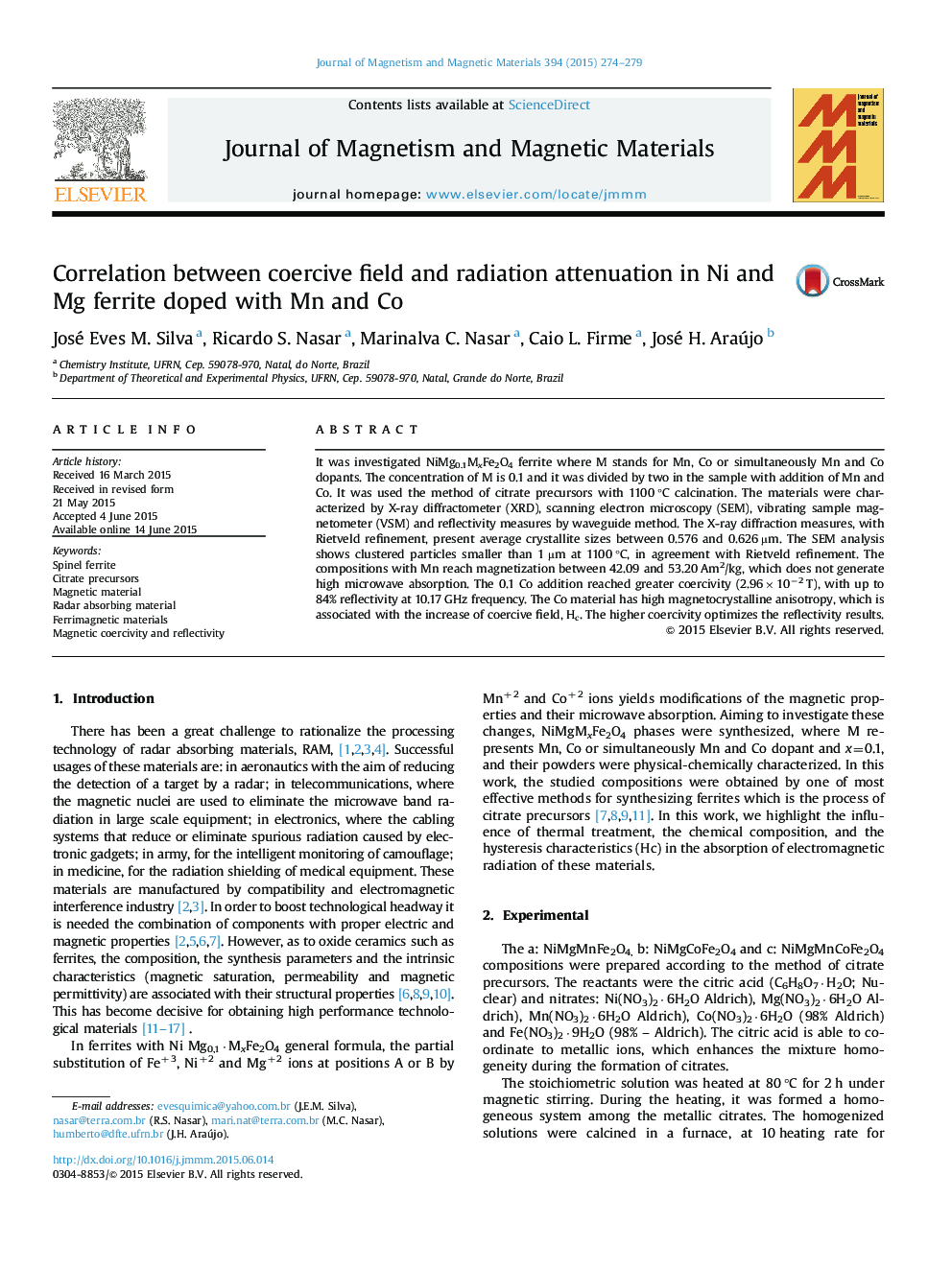 Correlation between coercive field and radiation attenuation in Ni and Mg ferrite doped with Mn and Co