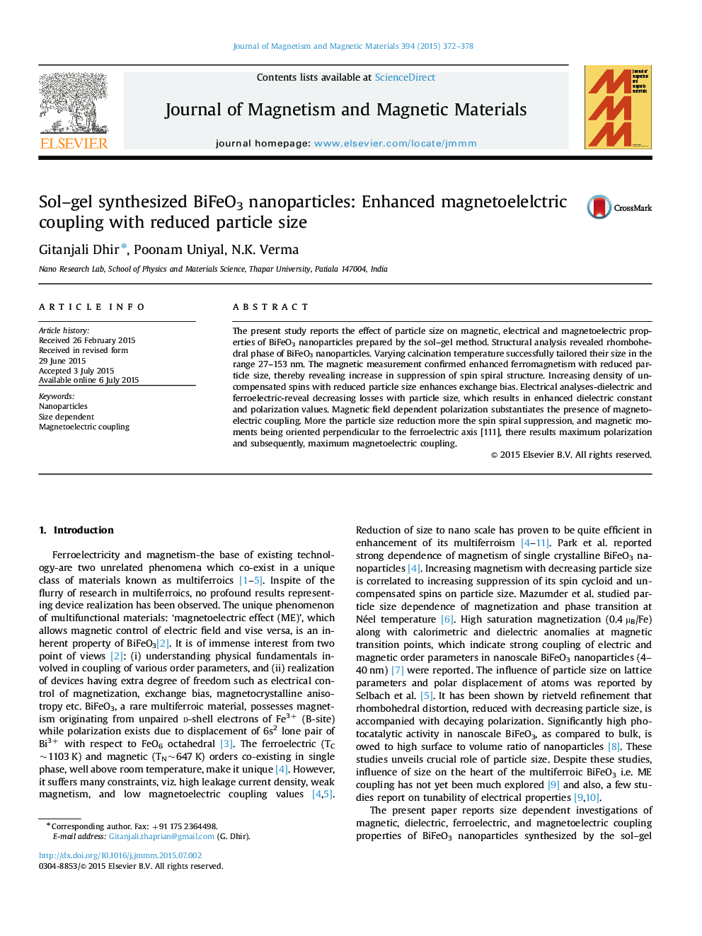 Sol–gel synthesized BiFeO3 nanoparticles: Enhanced magnetoelelctric coupling with reduced particle size