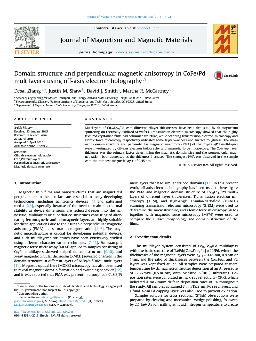 Domain structure and perpendicular magnetic anisotropy in CoFe/Pd multilayers using off-axis electron holography 