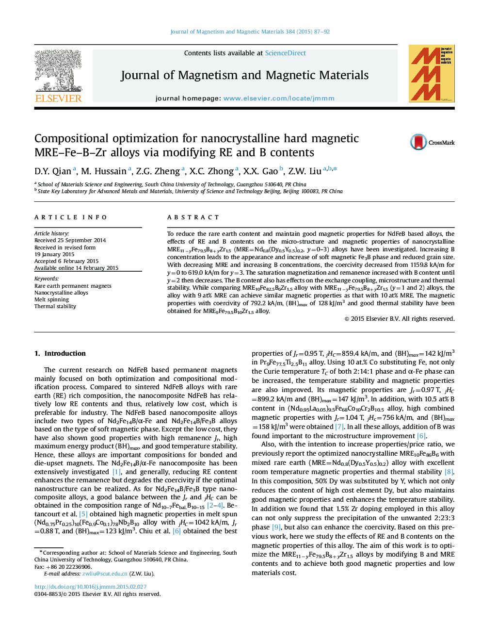 Compositional optimization for nanocrystalline hard magnetic MRE–Fe–B–Zr alloys via modifying RE and B contents