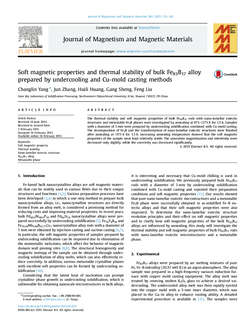 Soft magnetic properties and thermal stability of bulk Fe83B17 alloy prepared by undercooling and Cu-mold casting methods