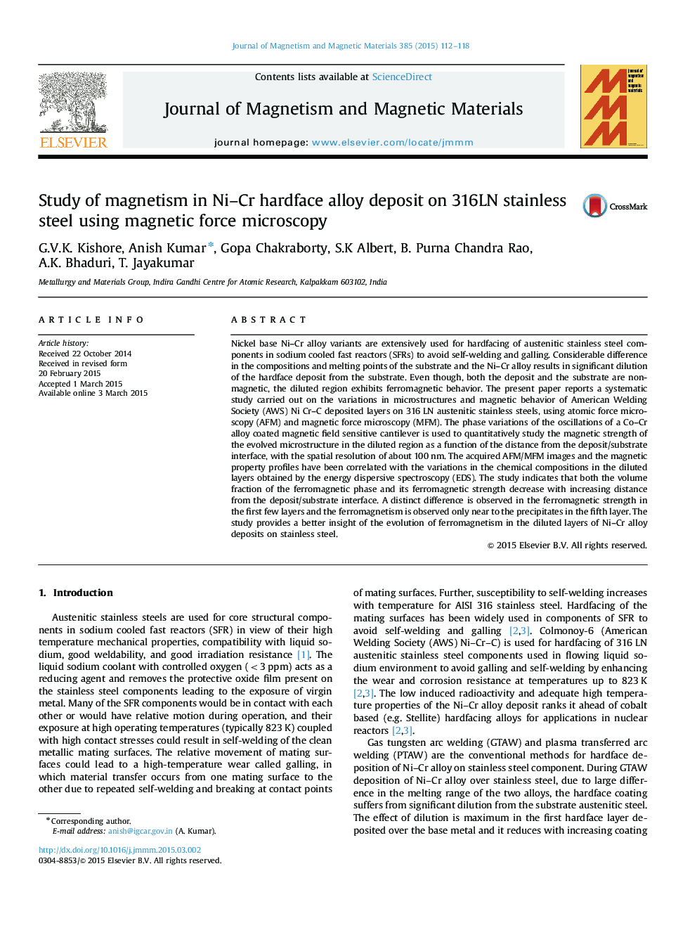 Study of magnetism in Ni–Cr hardface alloy deposit on 316LN stainless steel using magnetic force microscopy