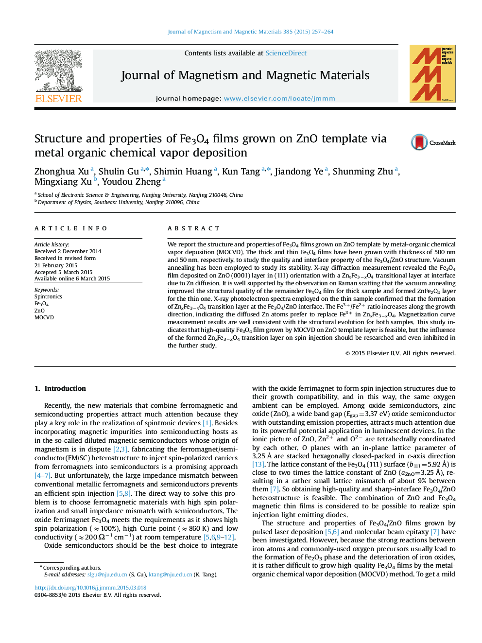 Structure and properties of Fe3O4 films grown on ZnO template via metal organic chemical vapor deposition