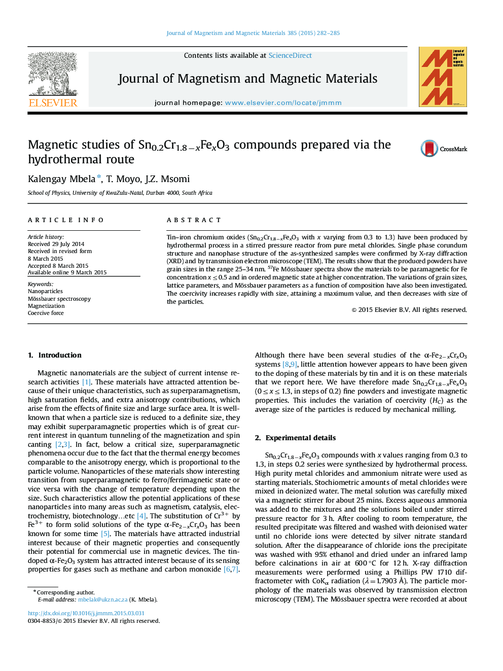 Magnetic studies of Sn0.2Cr1.8âxFexO3 compounds prepared via the hydrothermal route