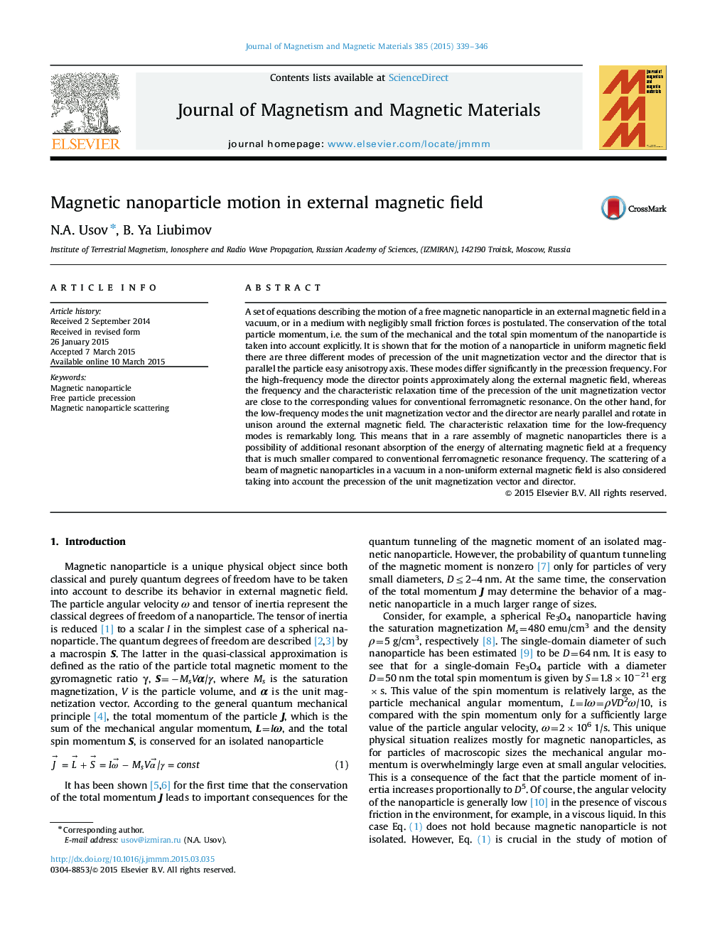 Magnetic nanoparticle motion in external magnetic field