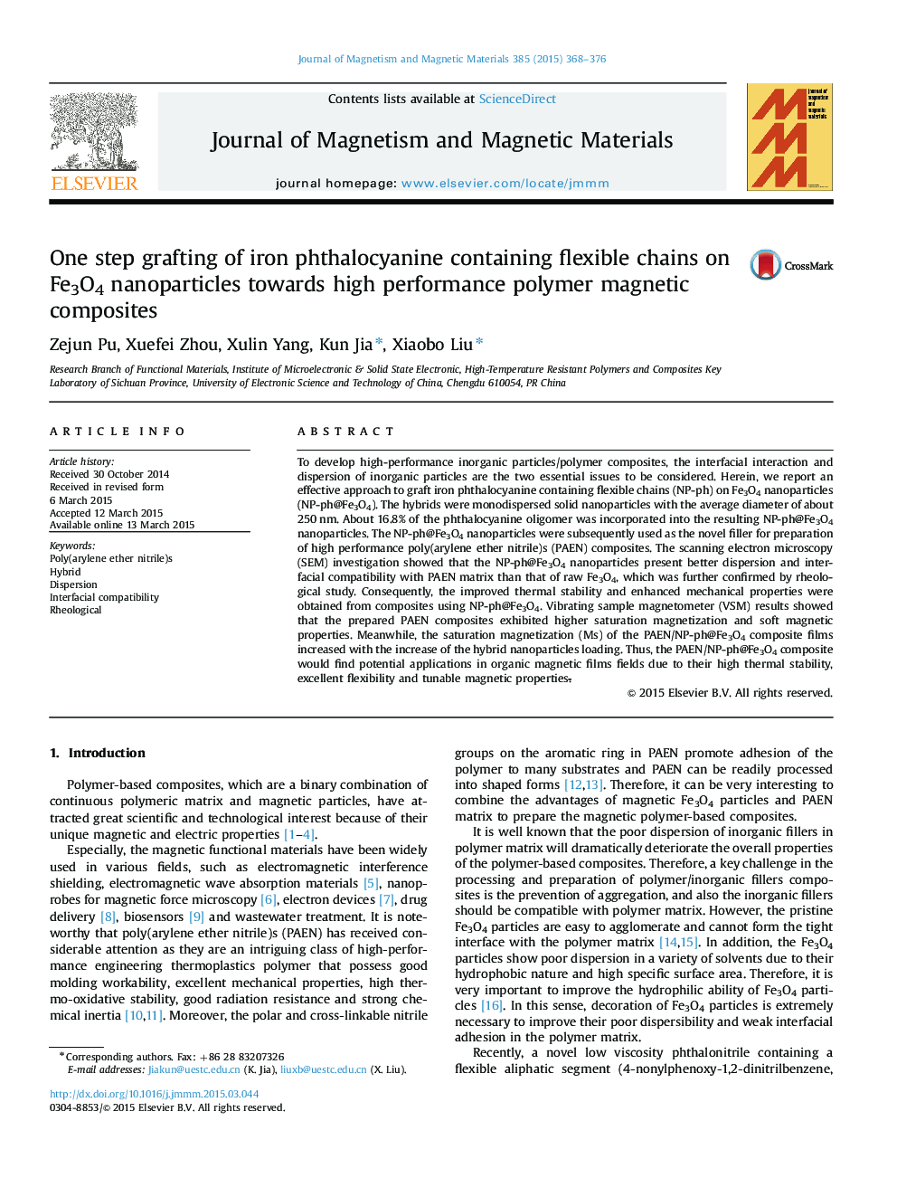 One step grafting of iron phthalocyanine containing flexible chains on Fe3O4 nanoparticles towards high performance polymer magnetic composites