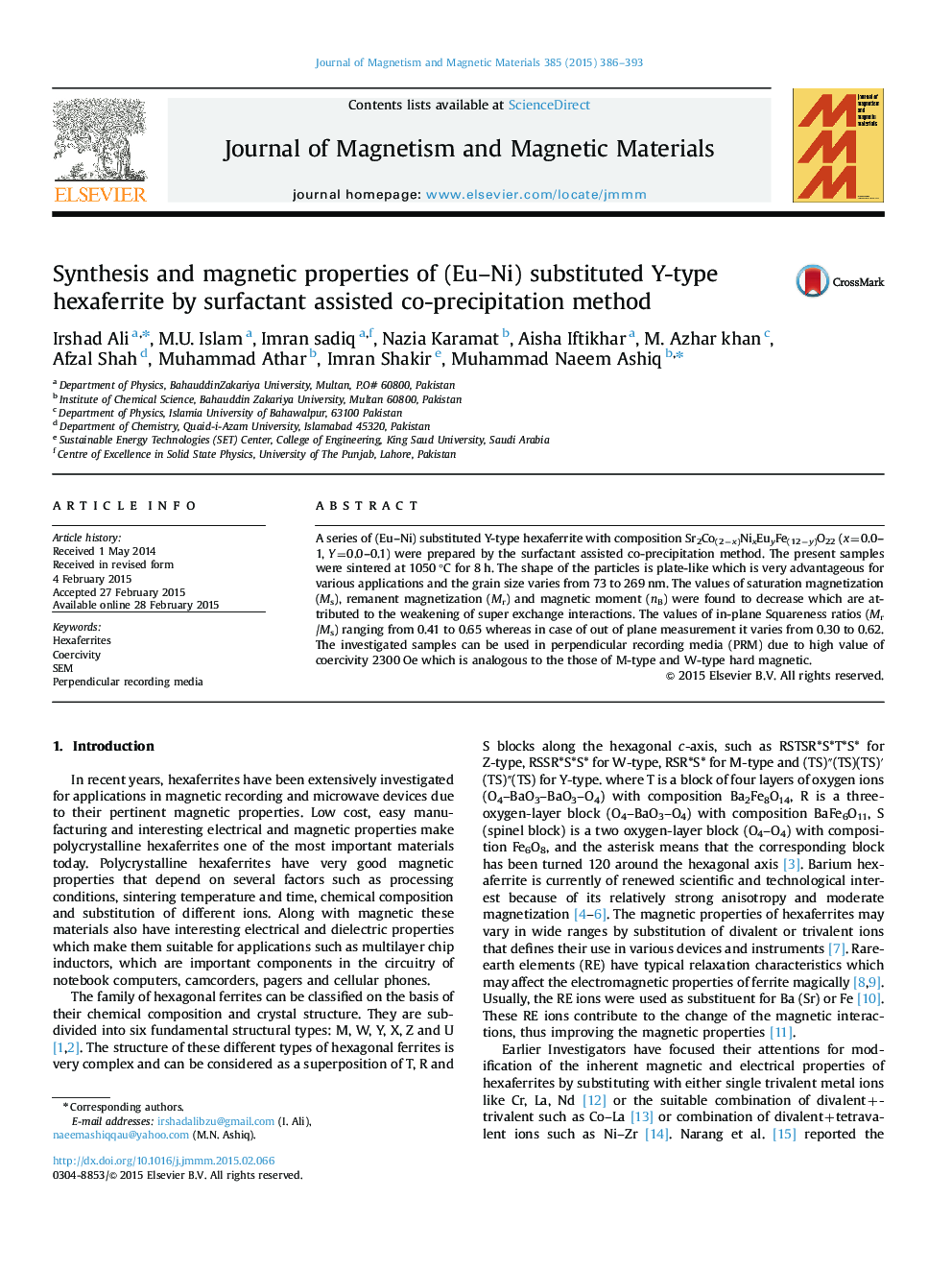 Synthesis and magnetic properties of (Eu–Ni) substituted Y-type hexaferrite by surfactant assisted co-precipitation method