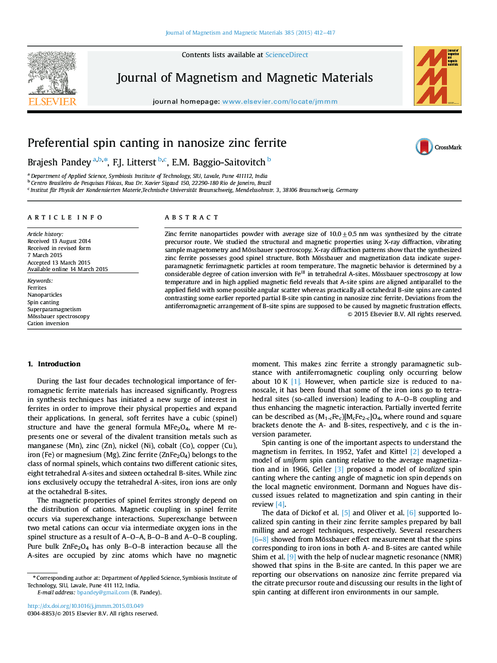 Preferential spin canting in nanosize zinc ferrite