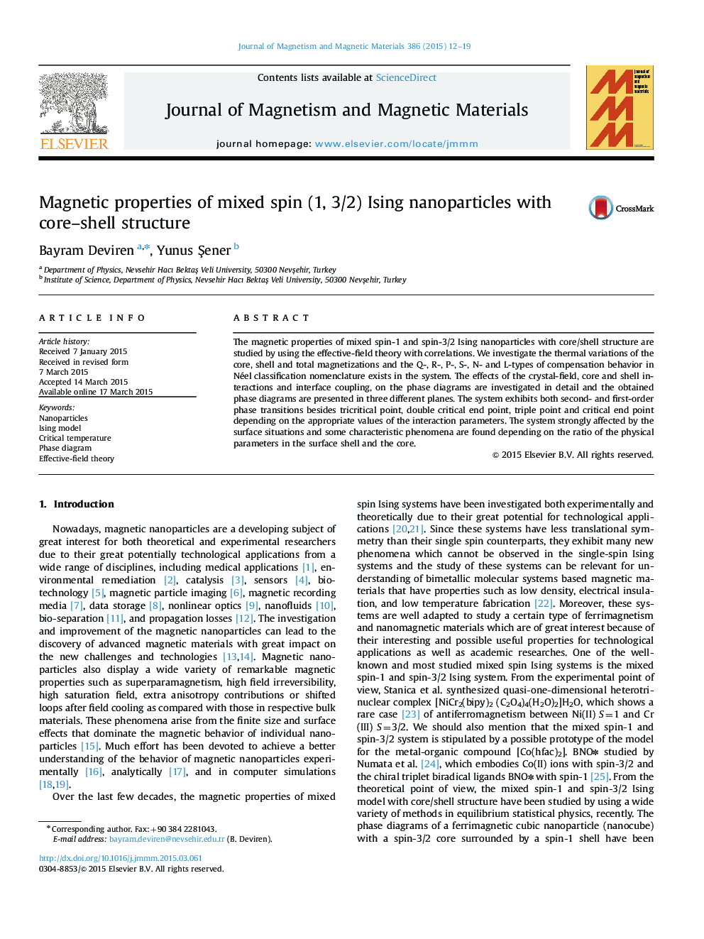 Magnetic properties of mixed spin (1, 3/2) Ising nanoparticles with core–shell structure