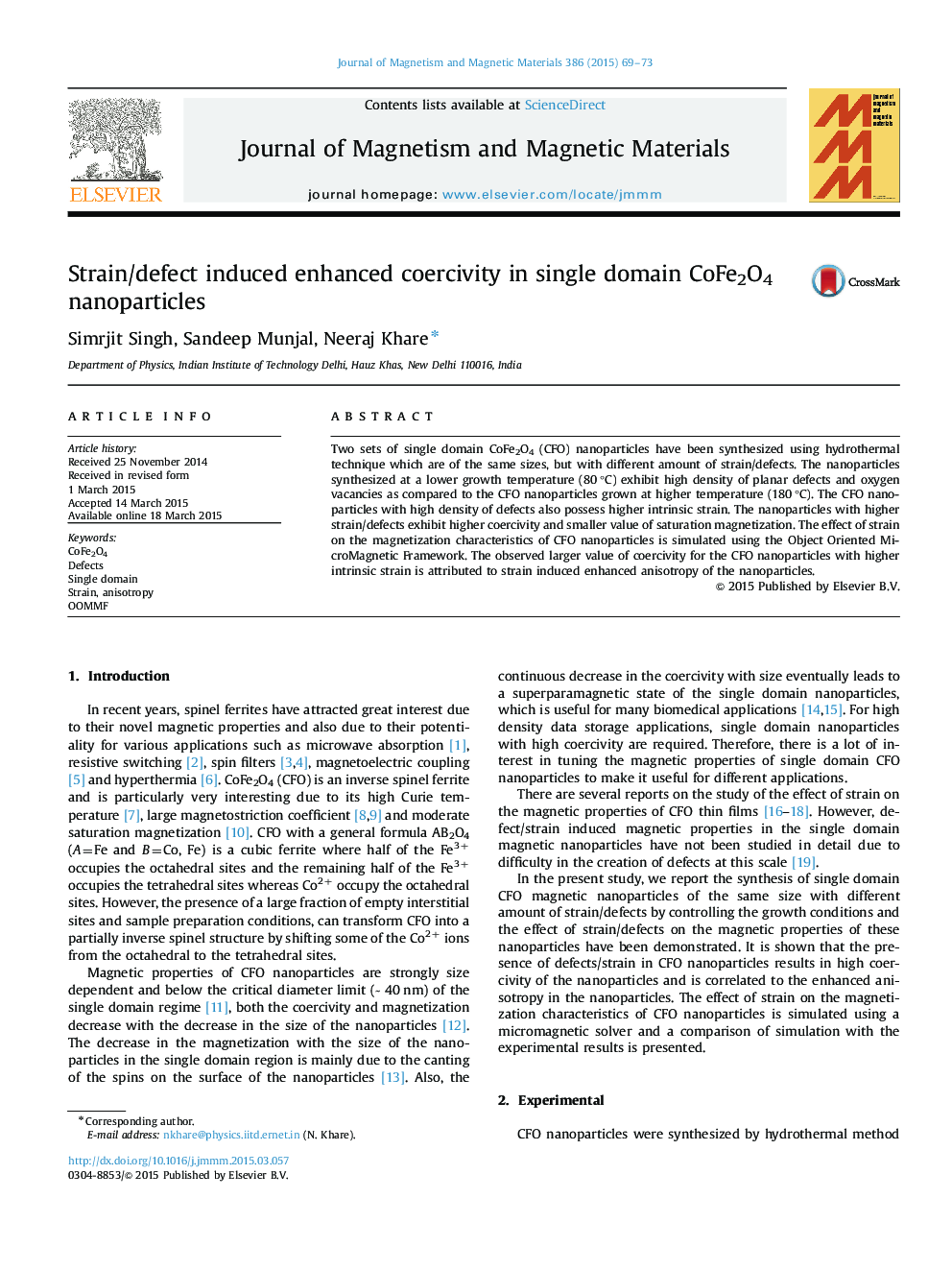 Strain/defect induced enhanced coercivity in single domain CoFe2O4 nanoparticles