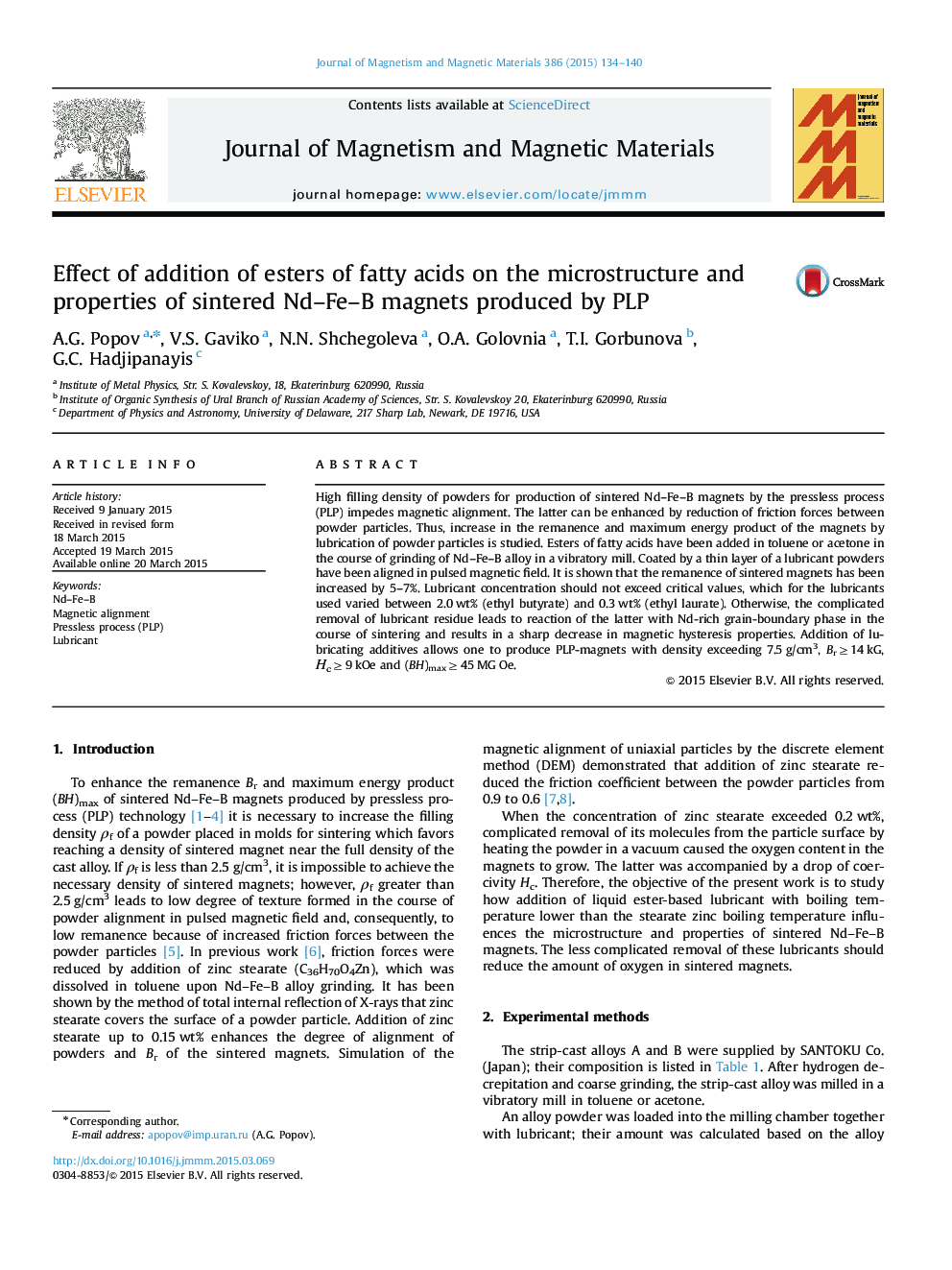 Effect of addition of esters of fatty acids on the microstructure and properties of sintered Nd–Fe–B magnets produced by PLP