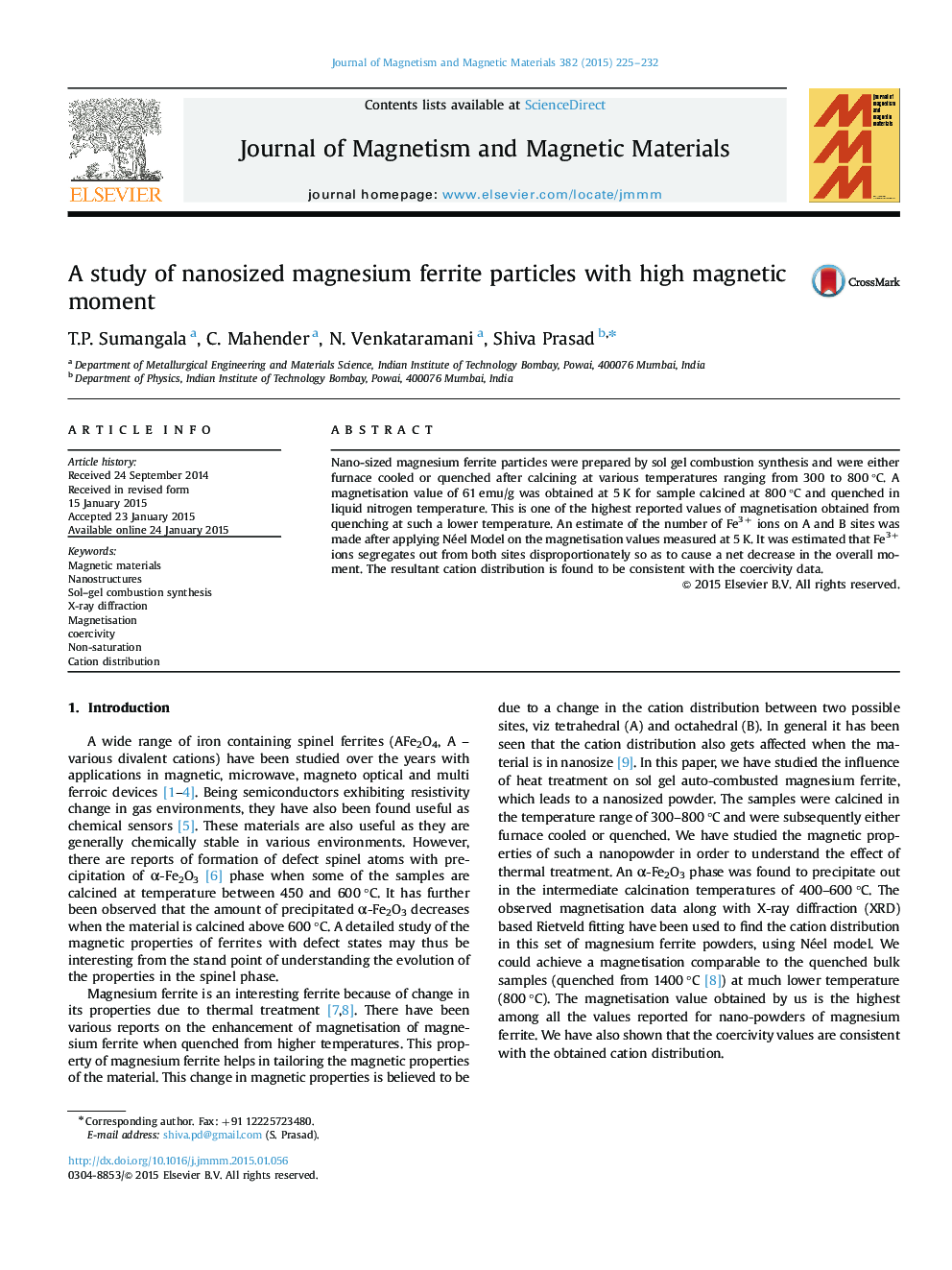 A study of nanosized magnesium ferrite particles with high magnetic moment