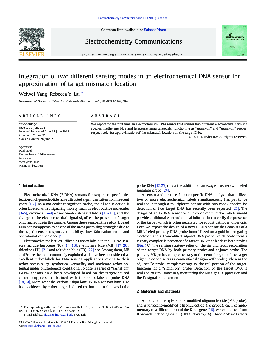 Integration of two different sensing modes in an electrochemical DNA sensor for approximation of target mismatch location