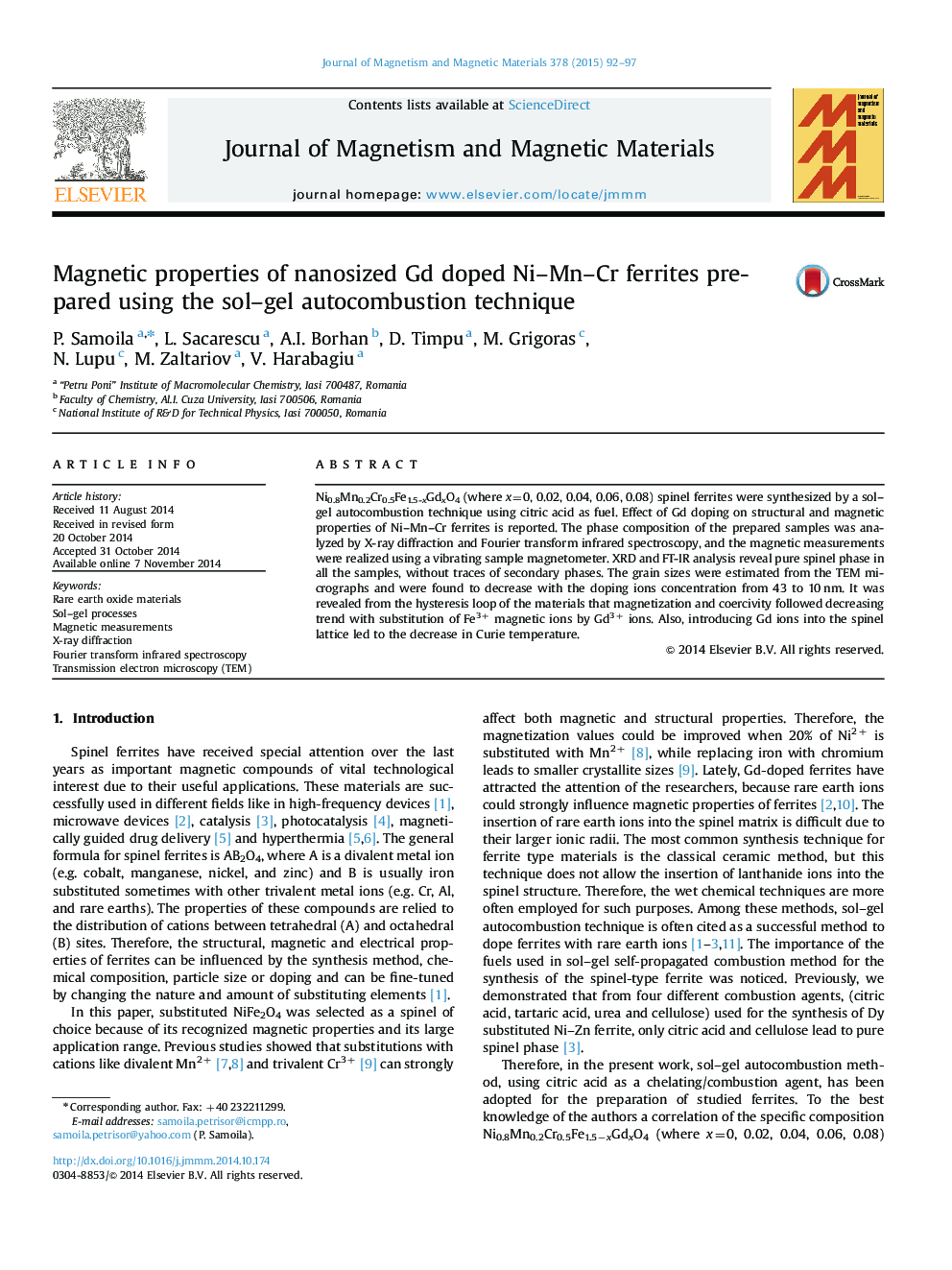 Magnetic properties of nanosized Gd doped Ni–Mn–Cr ferrites prepared using the sol–gel autocombustion technique