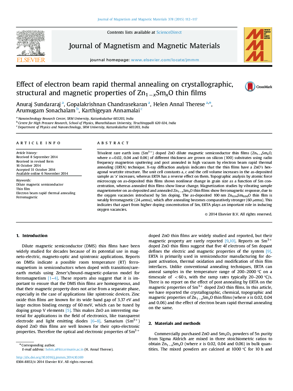 Effect of electron beam rapid thermal annealing on crystallographic, structural and magnetic properties of Zn1−xSmxO thin films