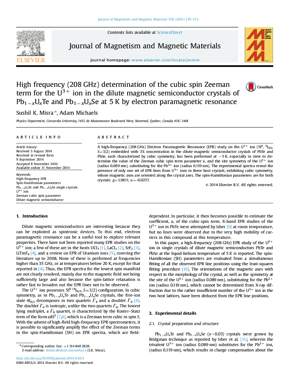 High frequency (208 GHz) determination of the cubic spin Zeeman term for the U3+ ion in the dilute magnetic semiconductor crystals of Pb1−xUxTe and Pb1−xUxSe at 5 K by electron paramagnetic resonance