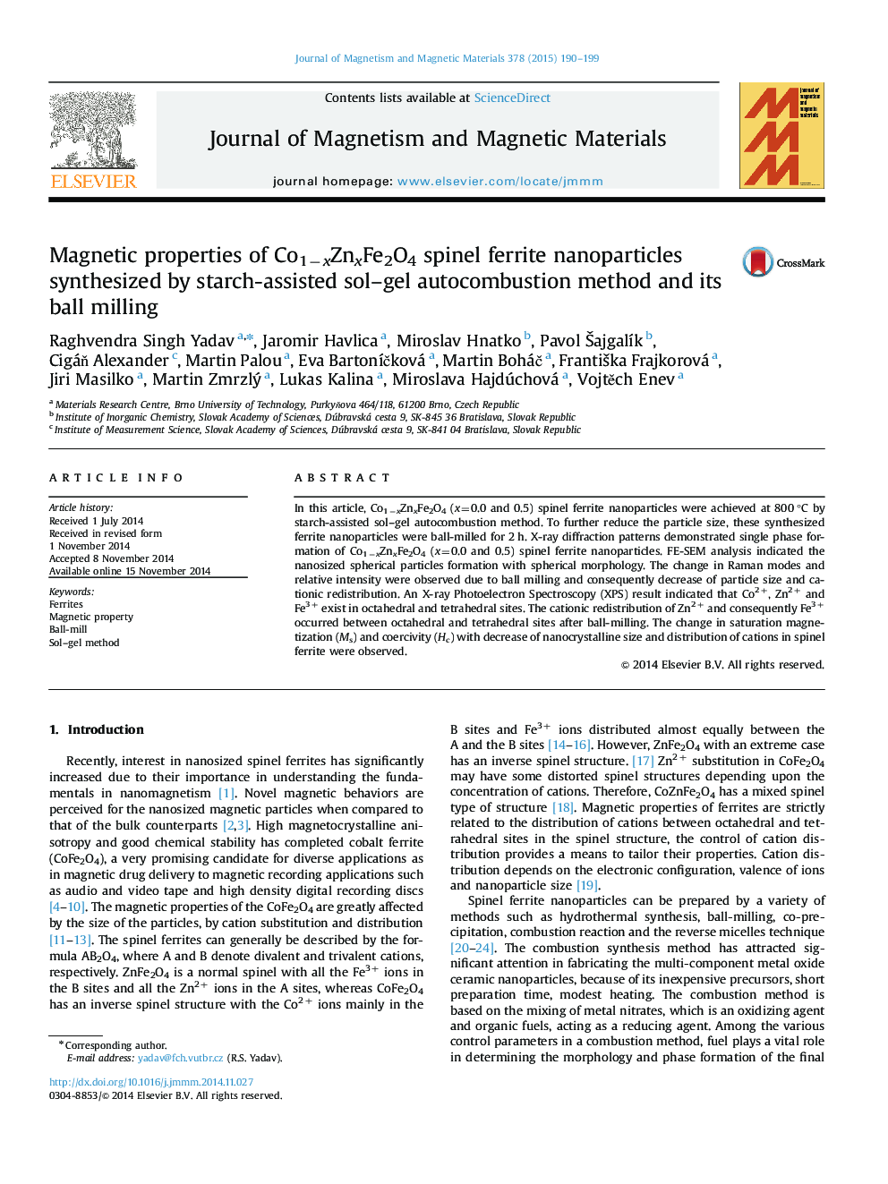 Magnetic properties of Co1−xZnxFe2O4 spinel ferrite nanoparticles synthesized by starch-assisted sol–gel autocombustion method and its ball milling