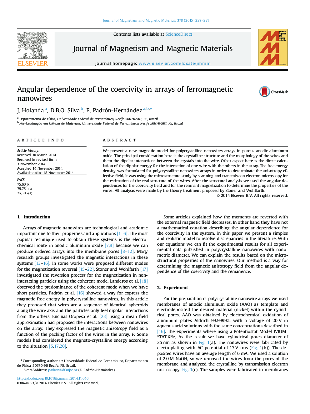 Angular dependence of the coercivity in arrays of ferromagnetic nanowires