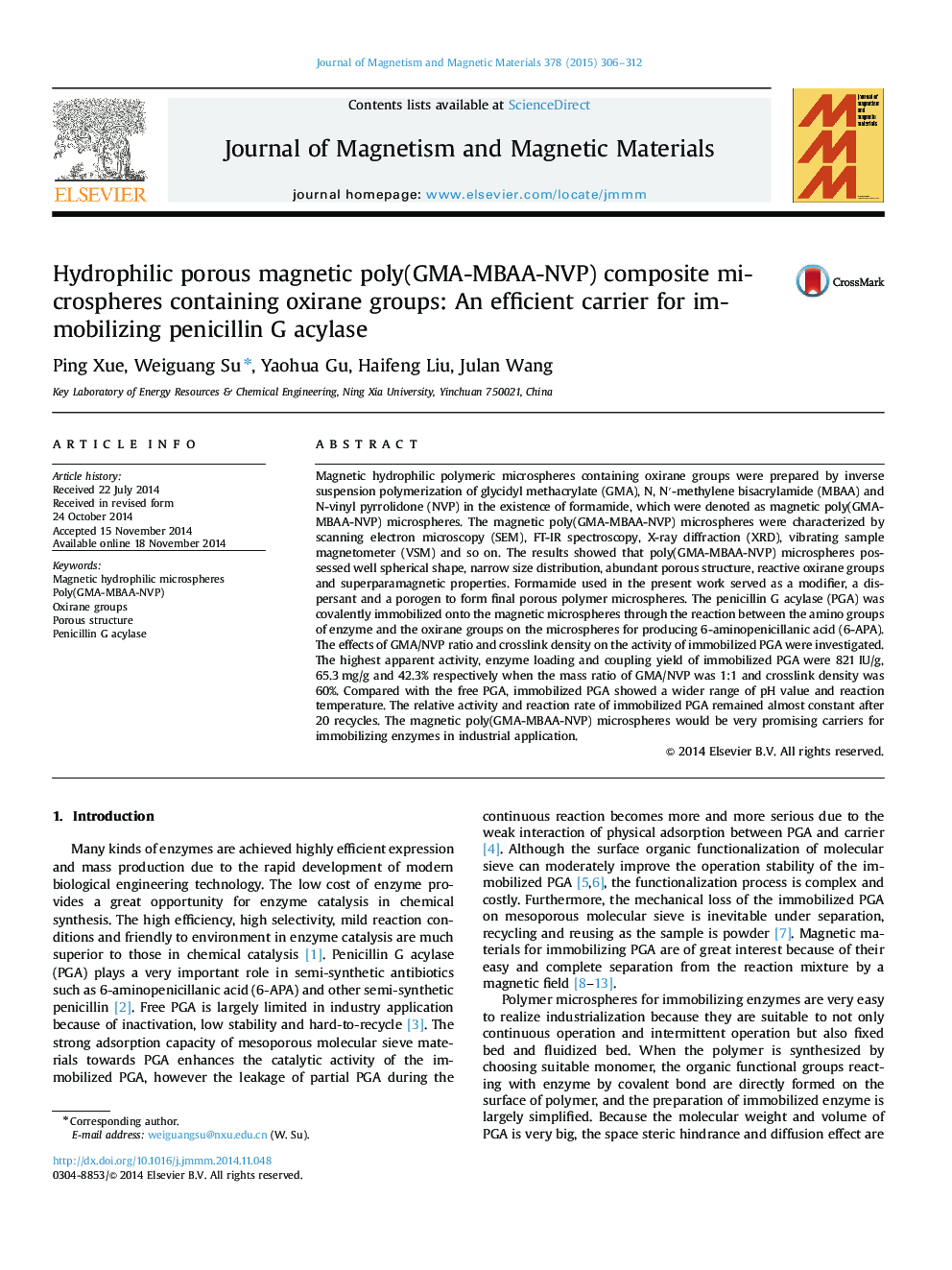 Hydrophilic porous magnetic poly(GMA-MBAA-NVP) composite microspheres containing oxirane groups: An efficient carrier for immobilizing penicillin G acylase