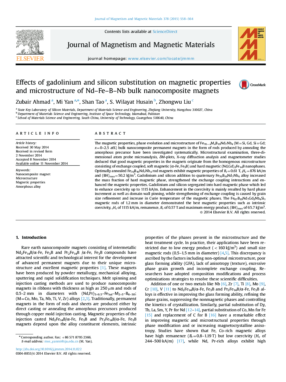 Effects of gadolinium and silicon substitution on magnetic properties and microstructure of Nd-Fe-B-Nb bulk nanocomposite magnets