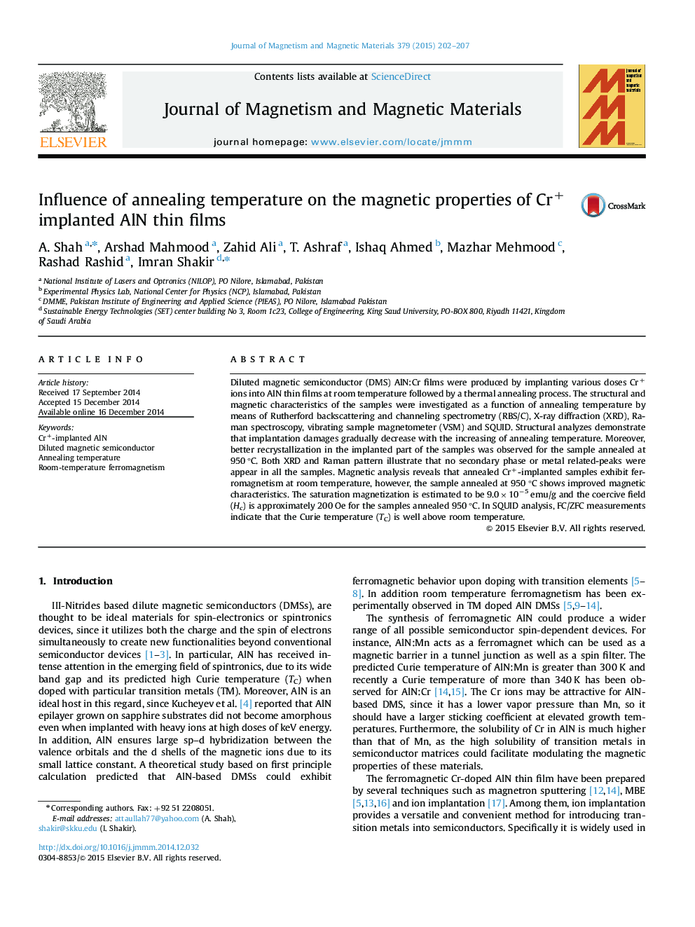 Influence of annealing temperature on the magnetic properties of Cr+ implanted AlN thin films